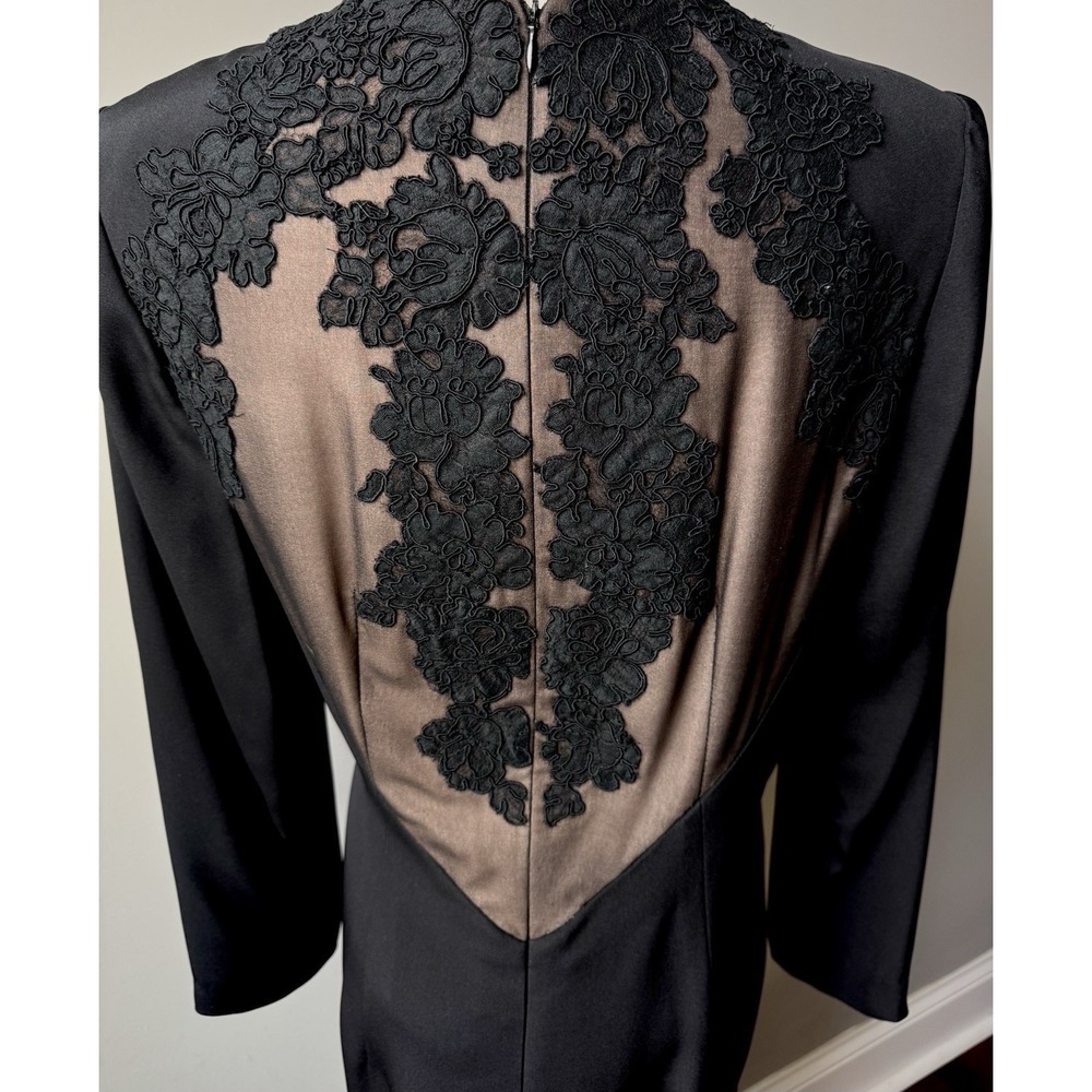 Vintage 80s Black Illusion Back Lace Appliqué Cocktail Dress 10 12 Long Sleeve